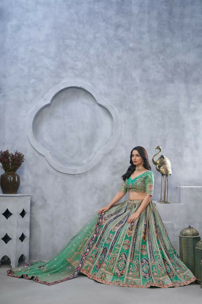 Kesar Fab Green Organza Embroidered Lehenga