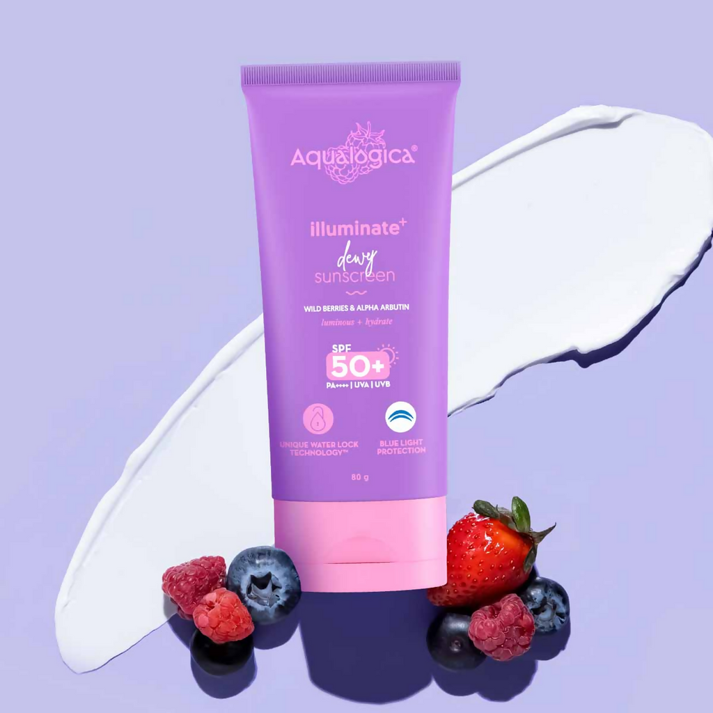 Aqualogica IIIuminate + Dewy Sunscreen SPF 50 PA++++ UVA/B & Blue Light Protection No White