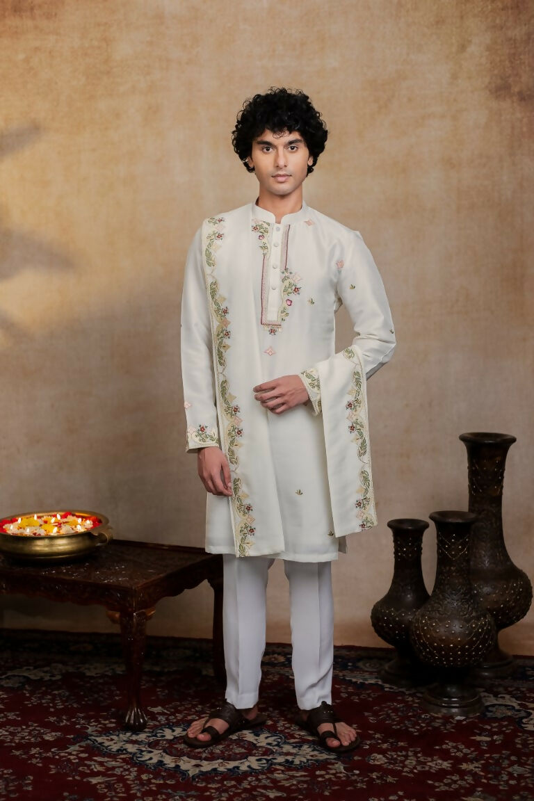 Falling Raw Silk Off White Geometric Symphony Kurta Set By Hilo Design