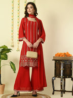 Myshka Women's Red Georgette Kurta & Palazzos With Dupatta Party Sets
