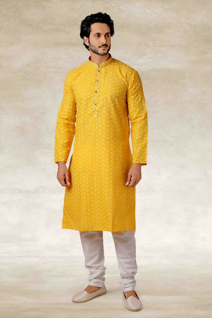 Raivat Ethnic Cotton Printed Work Kurta Pajama In Yellow Colour