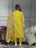 The52 Mustard Gorgeous Embroidered Viscose Chanderi Fabric Straight Kurta Pant with Dupatta Set - Distacart