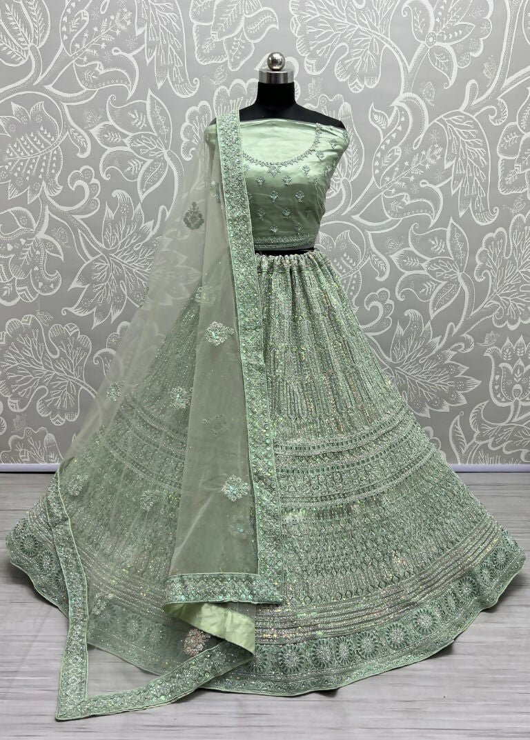 Jyoti Fashion Women's Pista Green Heavy Net Fancy Dori, Multi Thread, Rainbow Sequins and Diamond Work Wedding Lehenga Choli