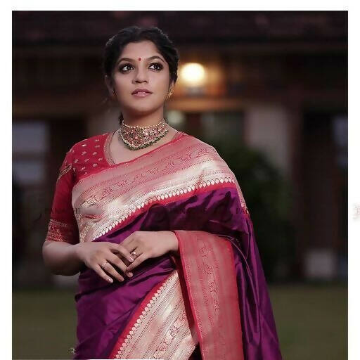 DEIANA'S Beautiful Designer Golden zari Soft Lichi Silk Saree - Purple