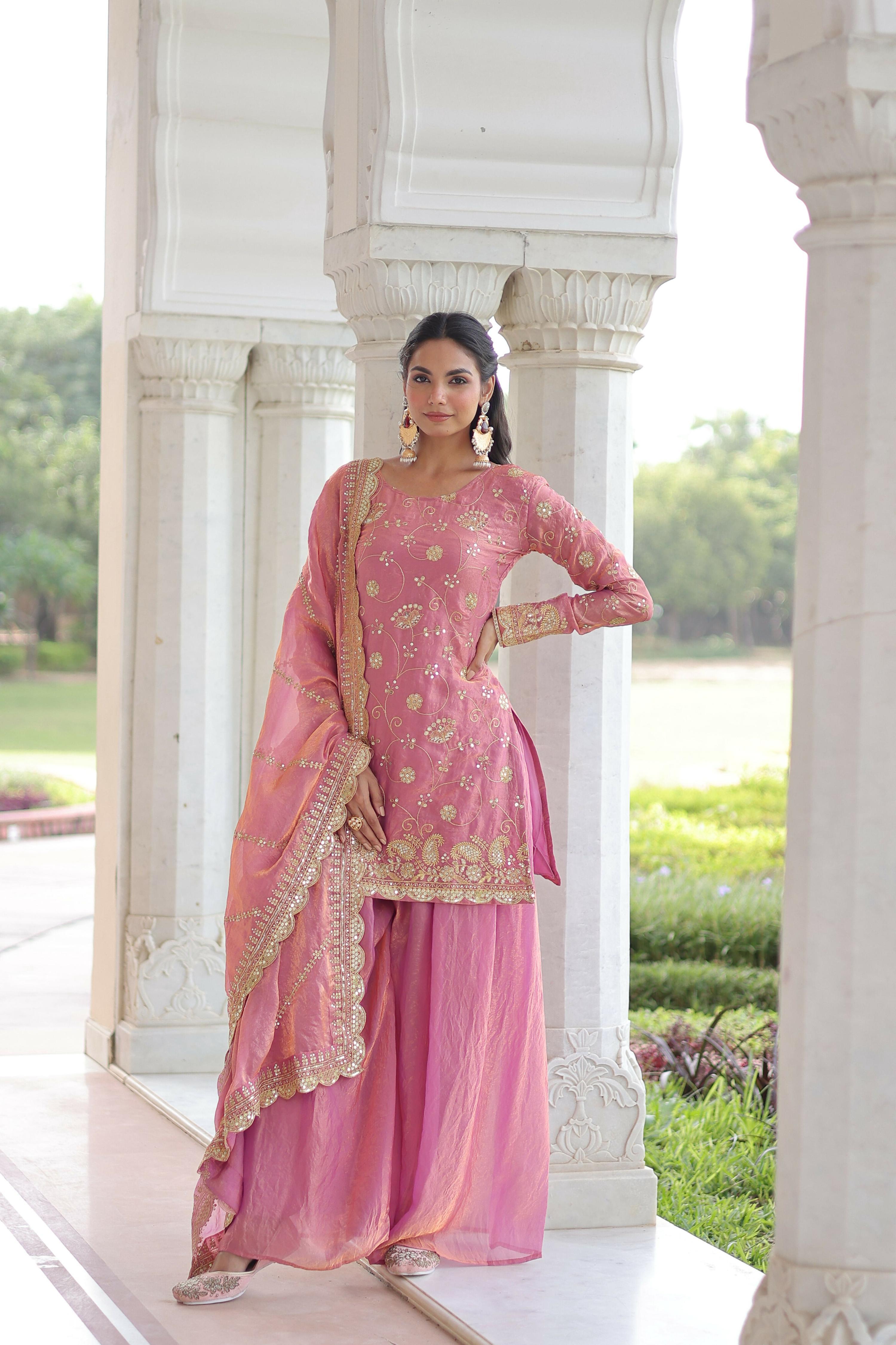 Joban Fashion Pink Readymade Kurta Set With Sequence embroidery Work - Distacart