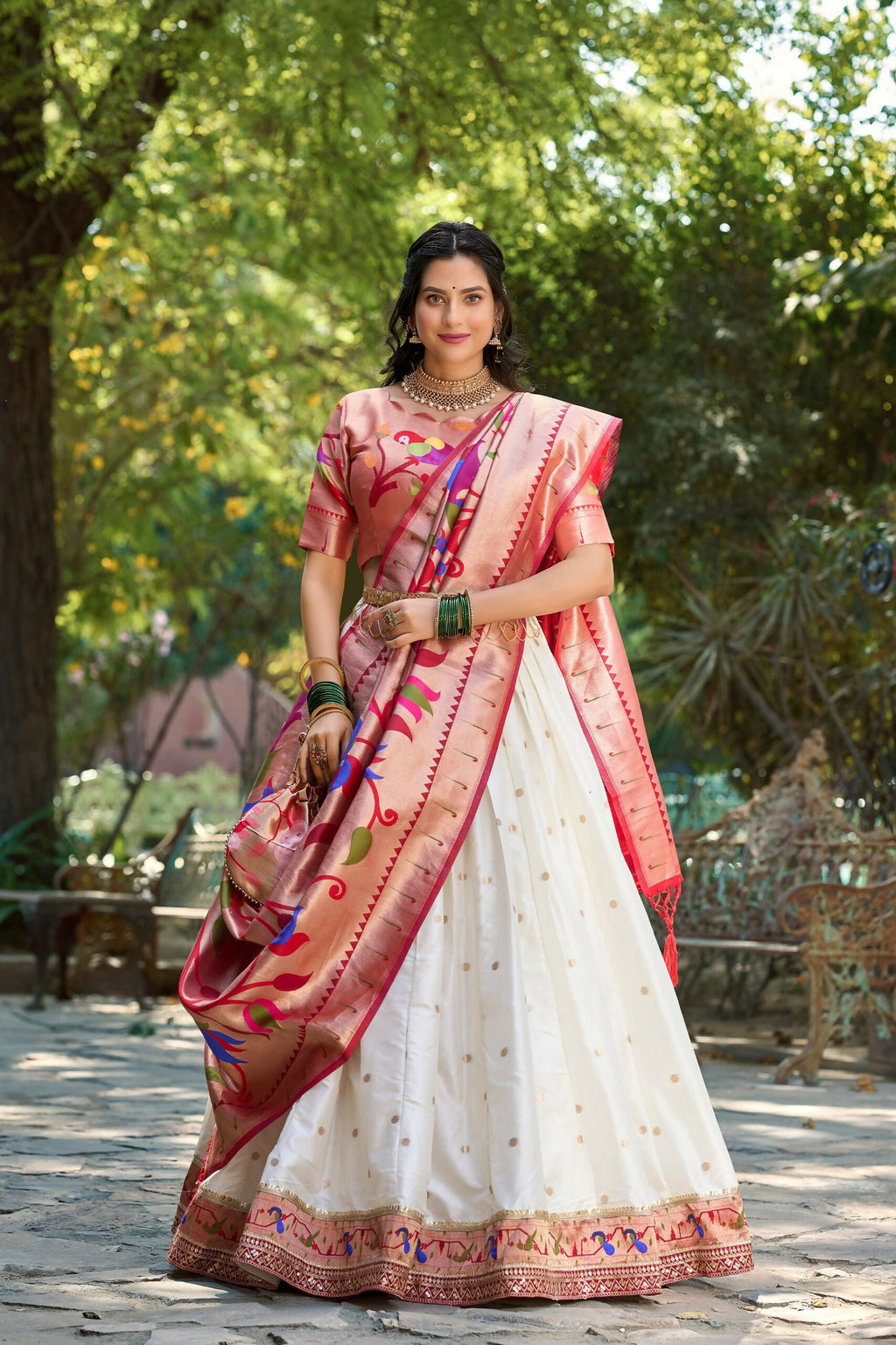 Vastranavya Perfect Classic And Contemporary Fashion Paithani Lehenga Choli - White