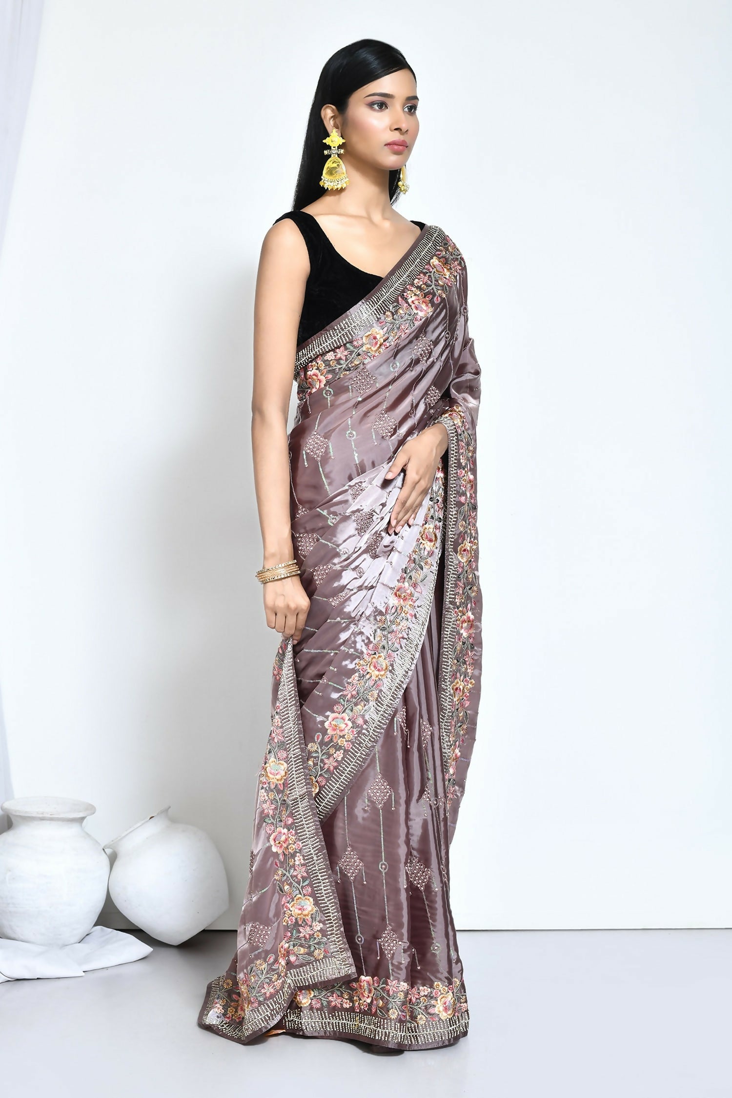 Purple Satin Silk Sequence Embroidered with Stone work Saree - Nimaya Benzy
