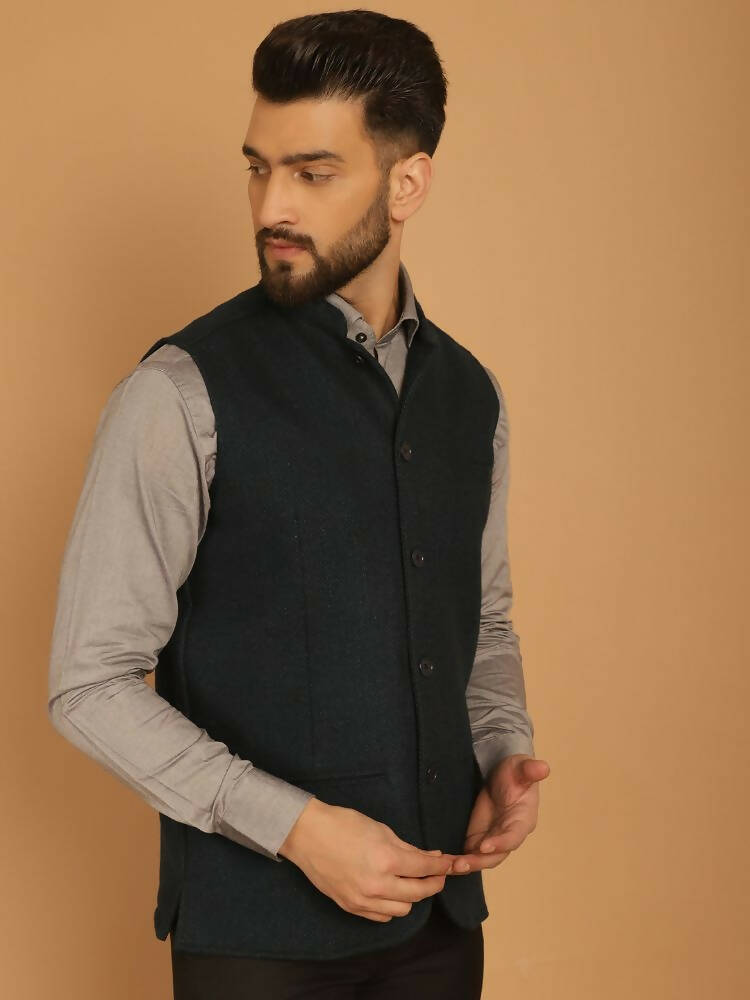 Even Apparels Pure Wool Nehru Jacket - Green