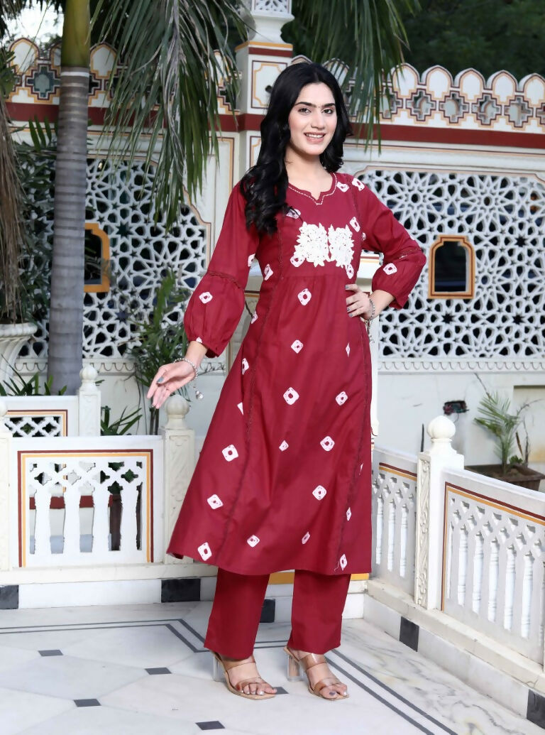 Miravan Women's Red Bandhani Printed Moti And Chikan Embroidered & Lace Work A Line Palazzo Set