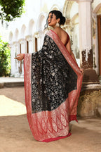 Joban Fashion Black Crepe Chiffon Pure Handloom Banarasi Silk Saree
