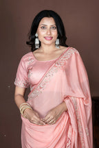 Morchari Peach Chiffon Hand Embroidery Saree Stitched Blouse - Distacart
