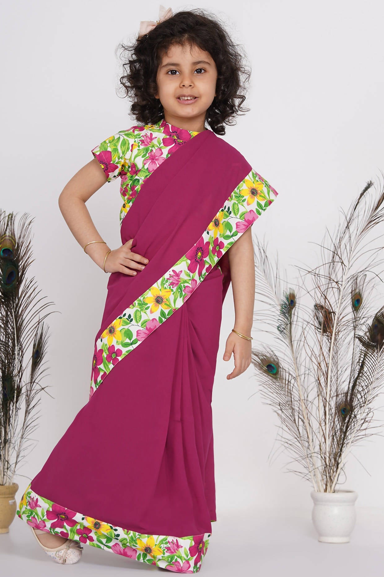 Little Bansi Girls Floral Print Ready to Wear Saree and Floral Blouse - Magenta