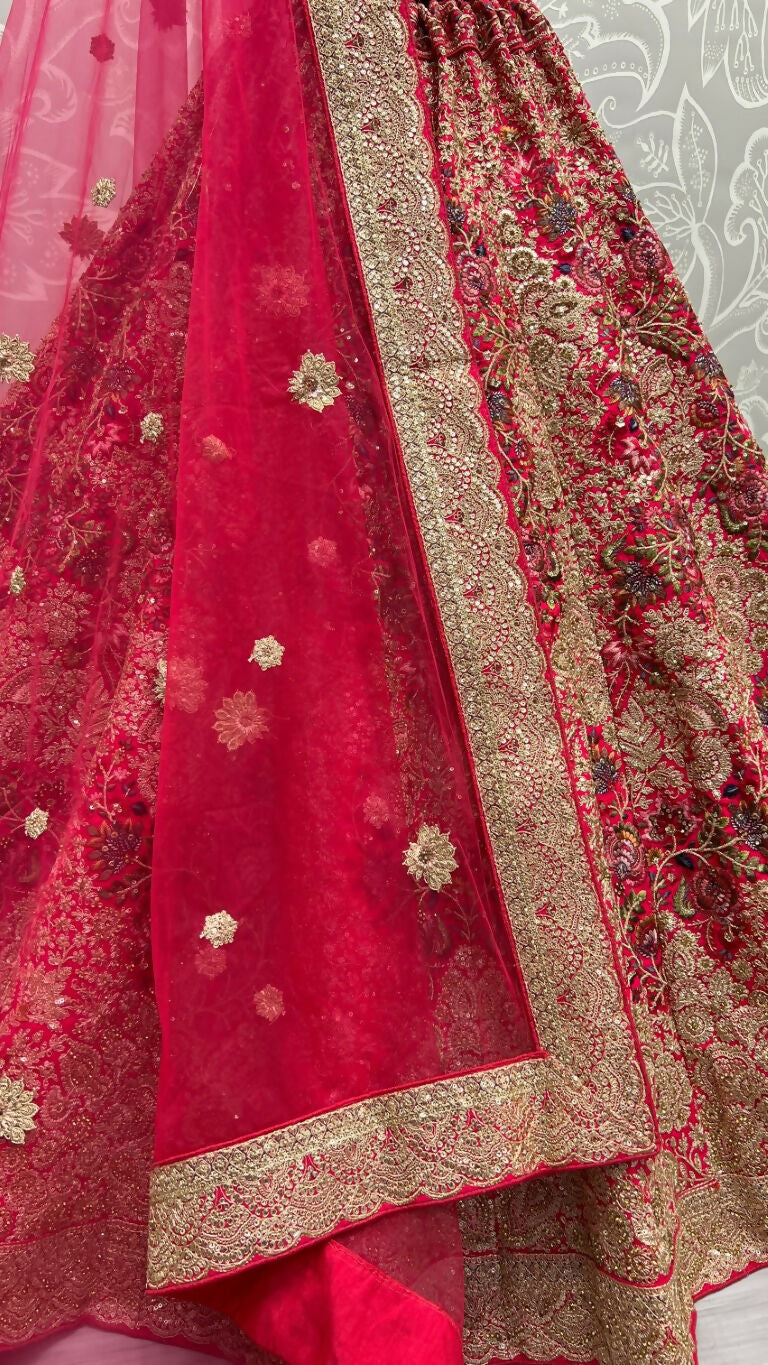 Jyoti Fashion Women's Rani Pink Silk Fancy Dori & Sequins Multi Thread Embroidered with Diamond Work Wedding Lehenga Choli