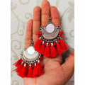 Half Moon Chandbali Red Color Silk Threads Mirror Tassel Silver Earrings