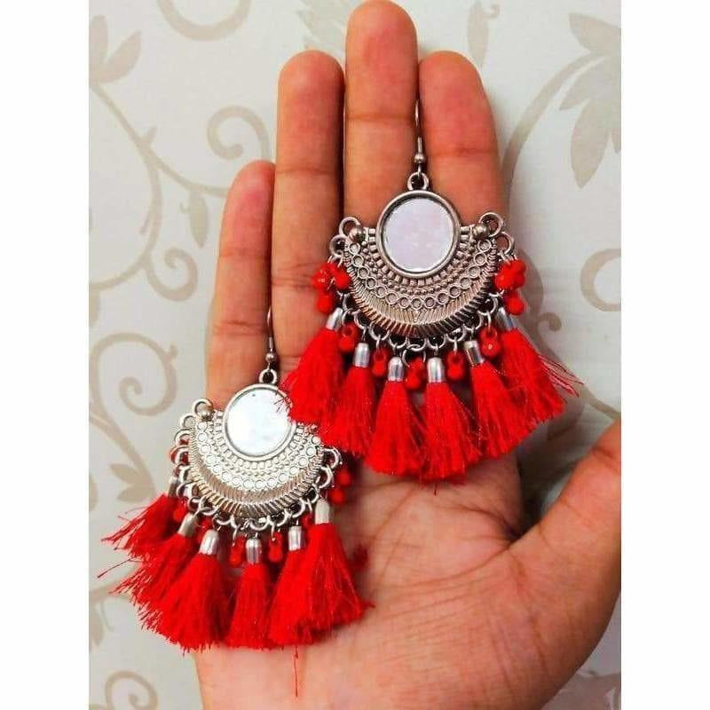 Half Moon Chandbali Red Color Silk Threads Mirror Tassel Silver Earrings