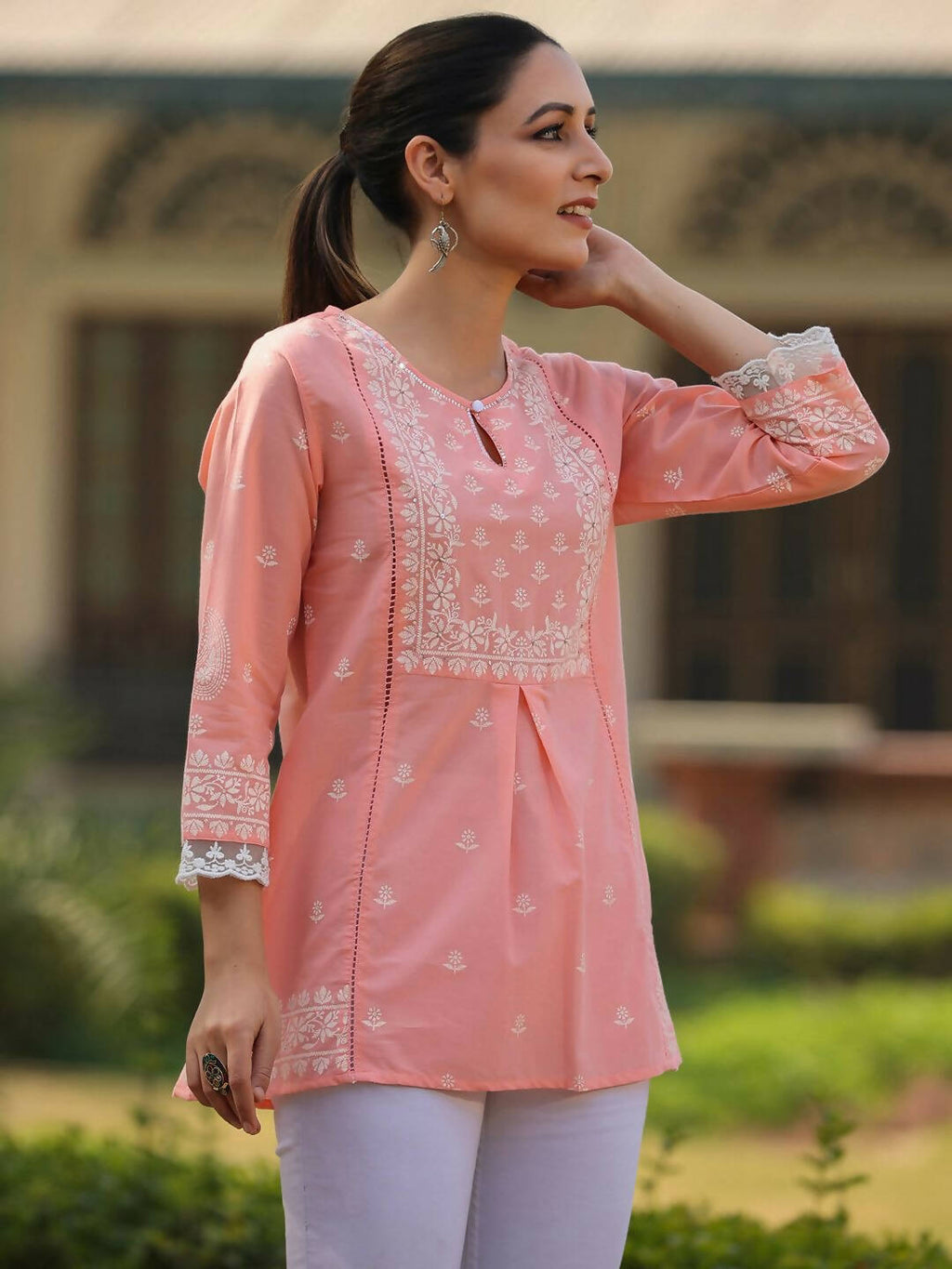 Juniper Women's Peach Cambric Floral Printed Tunic - Distacart