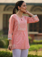 Juniper Women's Peach Cambric Floral Printed Tunic - Distacart