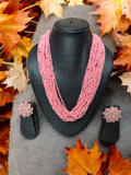 Inhanns Vibrant Handmade 20 Layers Beaded Necklace With Matching Earrings - Light Pink