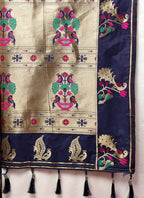 Lorenvalley Fashion Navyblue Soft Paithani Silk Woven Design Gold Zari Meenakari Weaving Saree