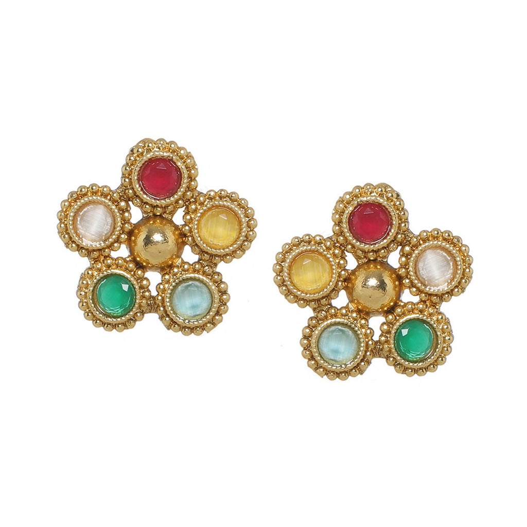 Multi Colored Stone in Gold Choker with Earrings (Multi Color) - Ruby Raang