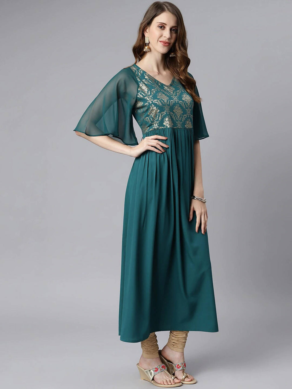 Janasya Teal Yoke Design Flared Sleeves Crepe Anarkali Kurta - Distacart