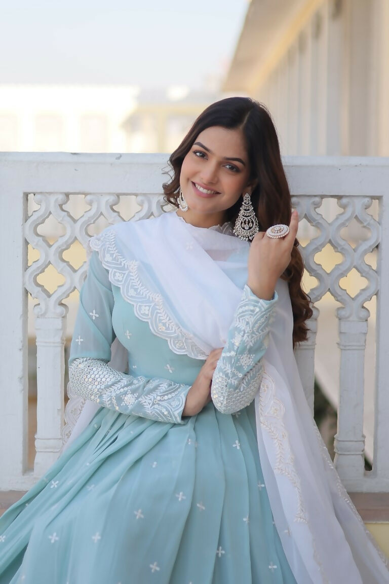 Jyoti Fashion Women's Turquoise Faux Georgette Sequins Thread Embroidery Anarkali Dress with Dupatta