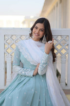 Jyoti Fashion Women's Turquoise Faux Georgette Sequins Thread Embroidery Anarkali Dress with Dupatta