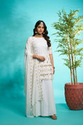 Aayaa Designer Faux Gorgette Embroidery Zari Sequins Thread work Full Flaired plazzo Suit with Dupatta - Off White