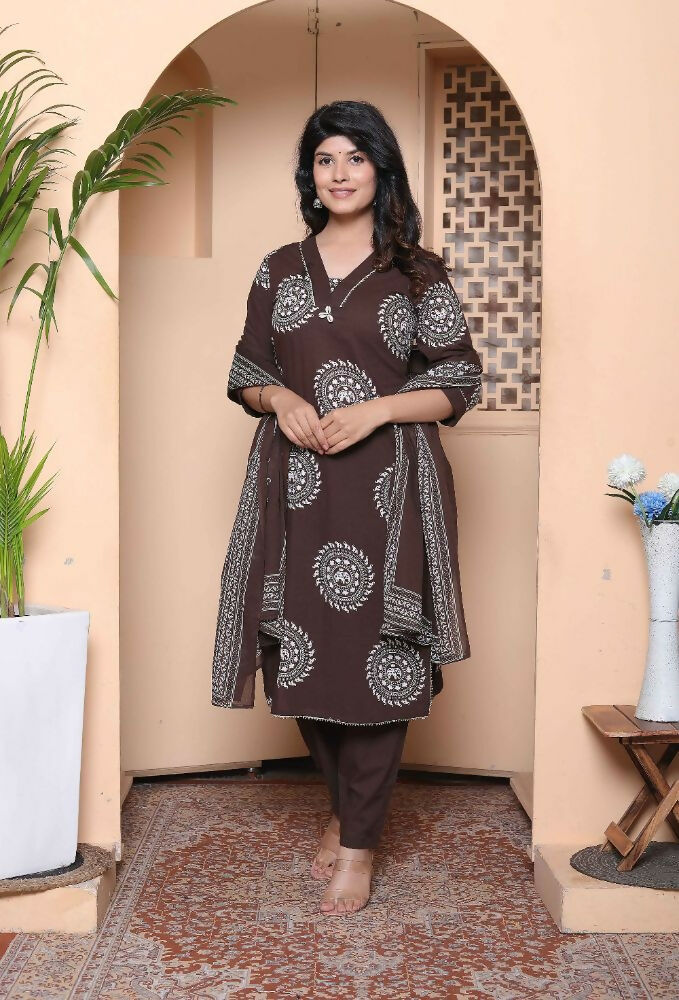 Miravan Womens Animal Print Cotton Brown Stitched Kurta Palazzo With Dupatta Set - Distacart