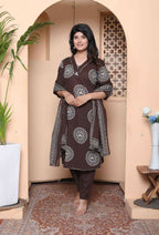 Miravan Womens Animal Print Cotton Brown Stitched Kurta Palazzo With Dupatta Set - Distacart