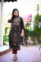 Yufta Women Black & Burgundy Printed Kurta & Trouser with Dupatta
