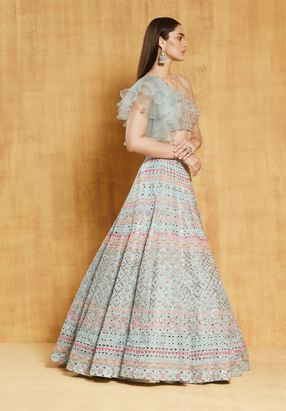 Jyoti Fashion Light Turquoise Thread, Zari and Paper Mirror Embroidered Organza One Shoulder Bridal Lehenga Choli