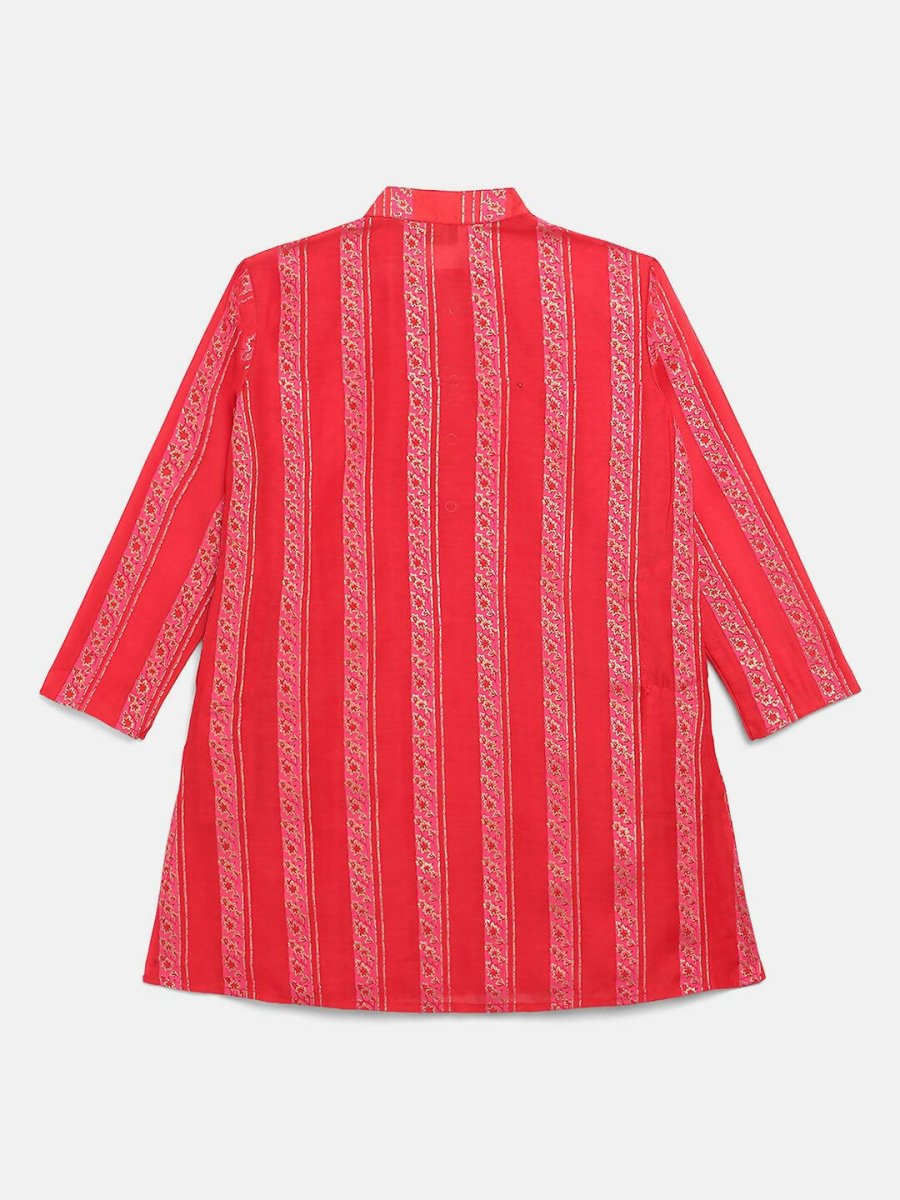 Ahalyaa Red Chanderi Khari Print Kids Kurta Churidar Set For Boys