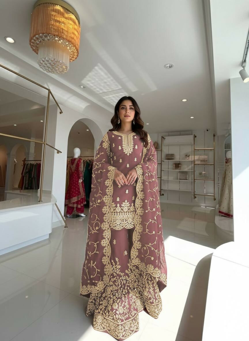 Teeya Creation Coffee Pure Silk Gimmy Silk Heavy Embroidery Work Wedding Wear Palazzo Pair - Distacart