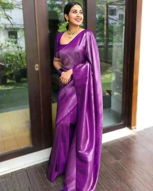 DEIANA'S Beautiful Designer Golden zari Soft Lichi Silk Saree - Purple