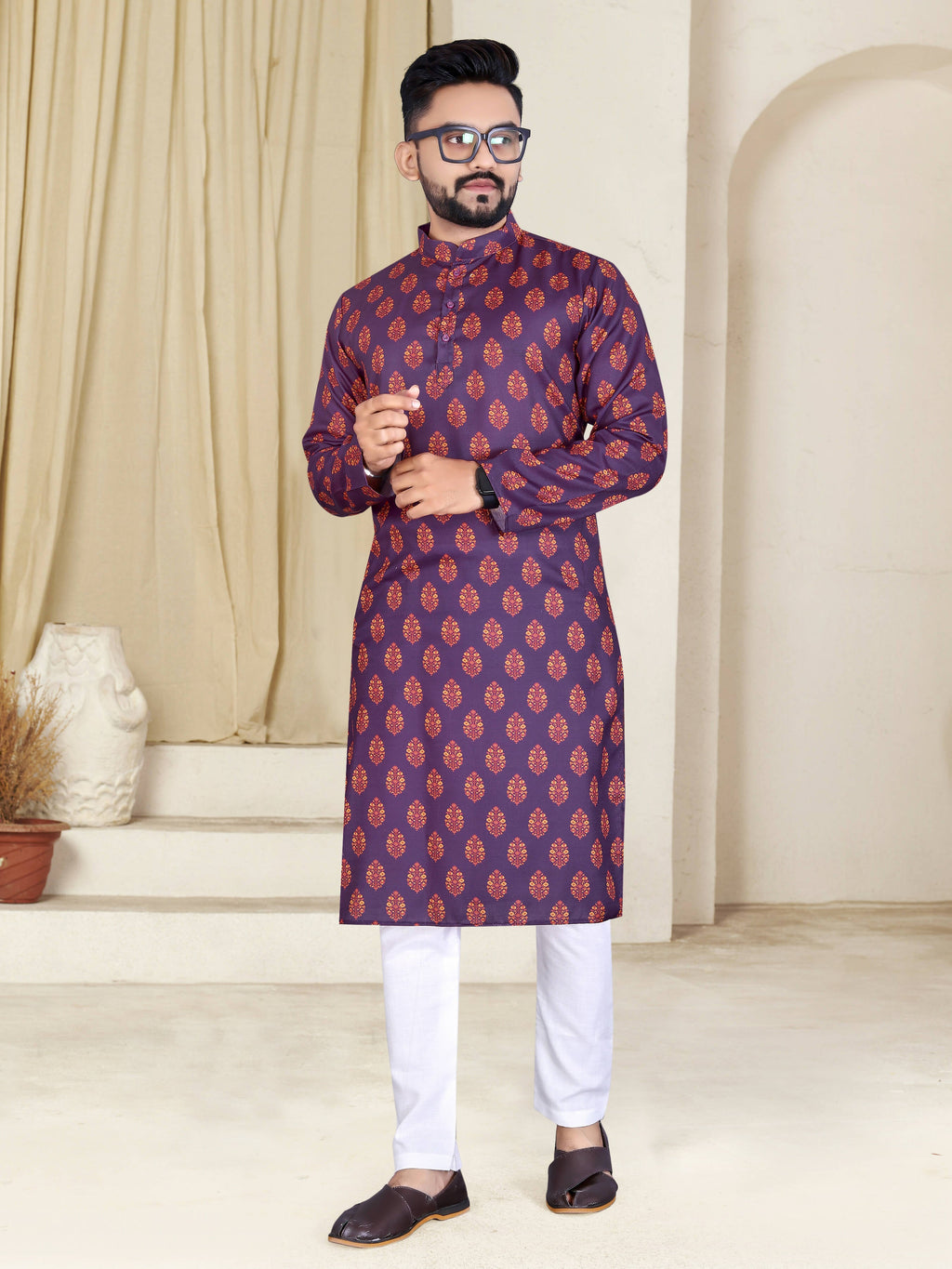 Mens Wine Cotton Printed Kurta - Mahotsav