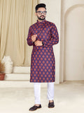 Mens Wine Cotton Printed Kurta - Mahotsav