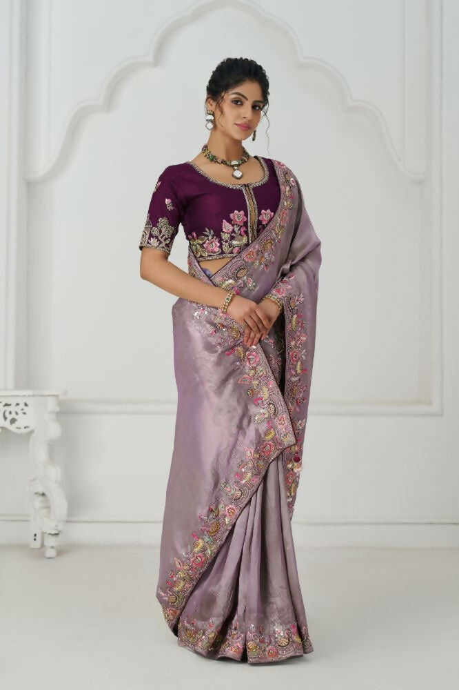Kesar Fab Stunning Mauve Color With Multi-Thread And Sequins Embroidery Saree
