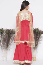 Little Bansi Floral Embroidery Jacket With Cotton Kantha Frock Sharara And Dupatta With Ghungroo Handwork - Red