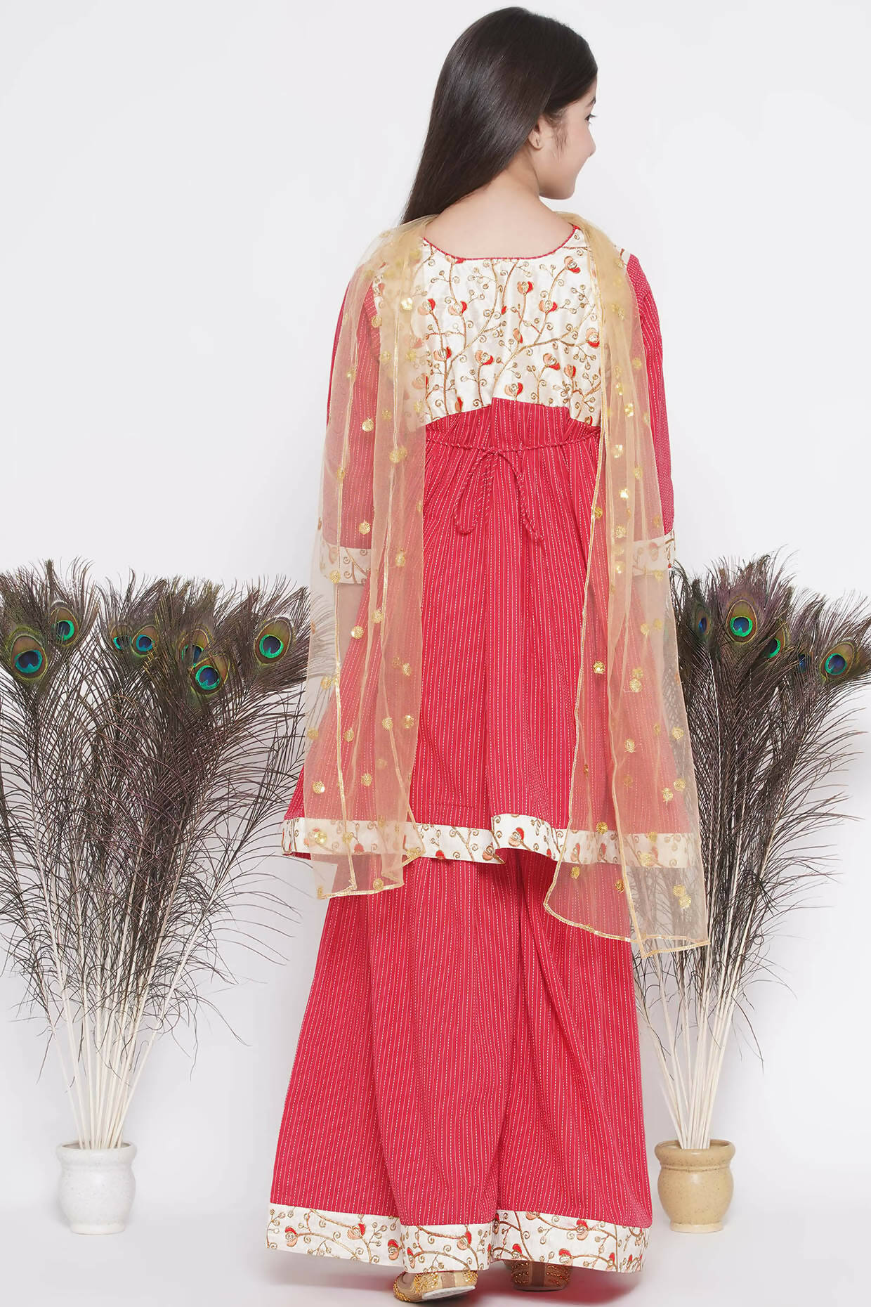 Little Bansi Floral Embroidery Jacket With Cotton Kantha Frock Sharara And Dupatta With Ghungroo Handwork - Red
