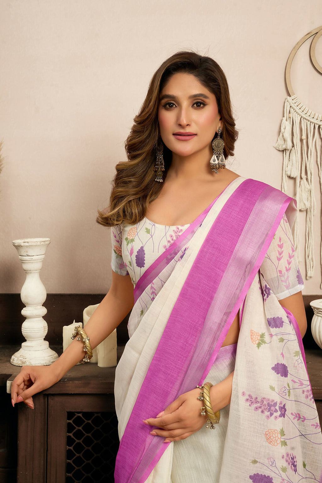 Vastranavya White Lavender Digital Printed Linen Ready To Wear Designer Saree with Unstitched Blouse - Distacart