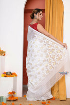 Very Much Indian Jamdhani Cotton Saree With Polka Dot Pallu - White - Distacart