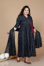 Miravan Women's Plus Size Abstract Printed & Tasseles Angrakha Kurta With Blue Dupatta Set