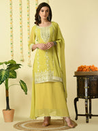Myshka Women's Yellow Georgette Kurta & Skirt With Dupatta Party Sets