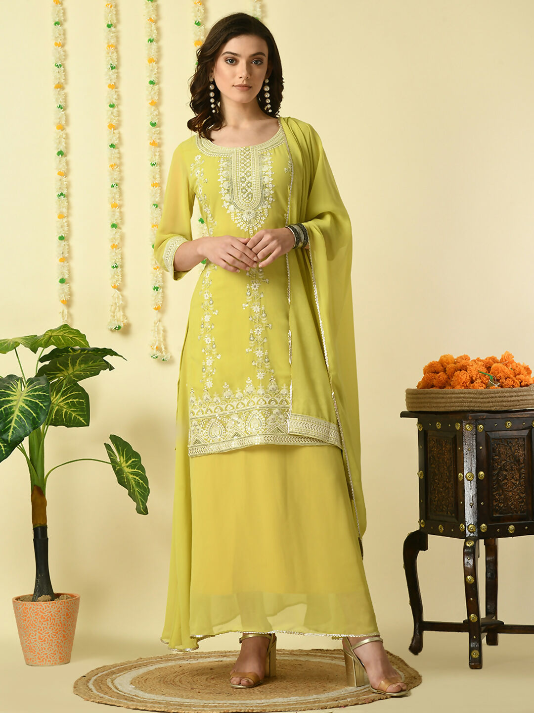Myshka Women's Yellow Georgette Kurta & Skirt With Dupatta Party Sets