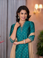 Juniper Women's Rama Green Ethnic Motif Printed Cotton Kurta Pant And Dupatta Set With Zari Work