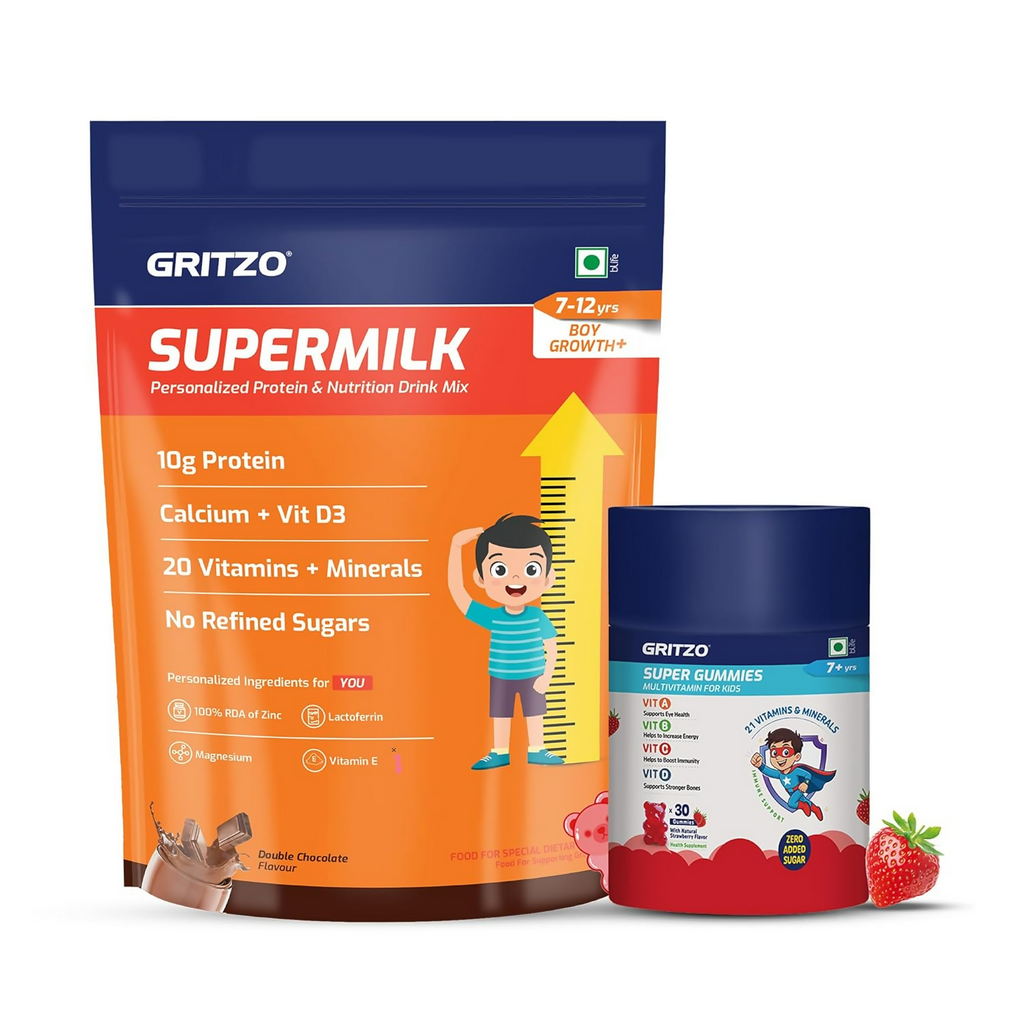 Gritzo SuperMilk Growth+ (Formerly Height+) (7-12y Boys) - Double Chocolate, with Super Gummies - Strawberry