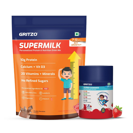 Gritzo SuperMilk Growth+ (Formerly Height+) (7-12y Boys) - Double Chocolate, with Super Gummies - Strawberry