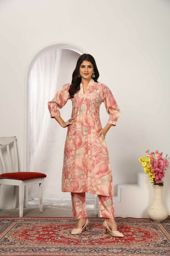 Jyoti Fashion Women's Peach Rayon Floral Print with Side Pocket Kurtis & Sets
