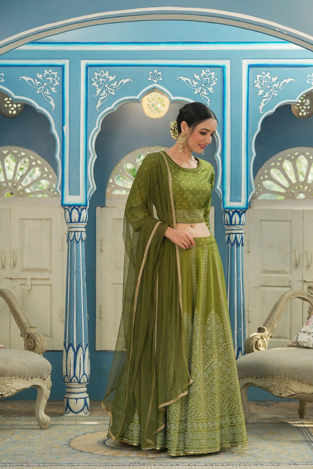 Juniper Green Bandhani Printed Shantoon Slub Lehenga Choli & Net Dupatta Set.